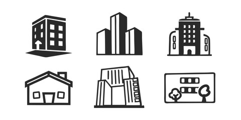 Building Icon Vector Set – Skyscraper, Apartment, and Architecture Symbols Collection
