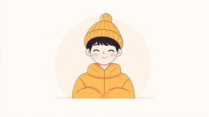 Cheerful child in a cozy yellow jacket and hat, smiling warmly against a soft background