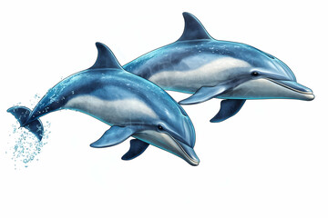 Fototapeta premium Two dolphins leaping, ocean background, wildlife illustration, marine life poster