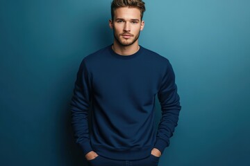 Confident Man in a Dark Blue Sweatshirt. Studio Portrait on Deep Blue Background. Generative AI.