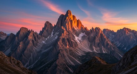 Naklejka premium Jagged mountain peaks glow under a vibrant sunset, with rugged slopes and patches of snow creating a breathtaking alpine landscape filled with dramatic light and natural beauty.