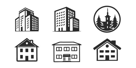 Fototapeta premium Building Icon Vector Set – Skyscraper, Apartment, and Architecture Symbols Collection