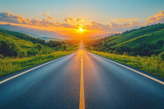 Scenic road leading to a vibrant sunset promising adventure and new beginnings Inspiring journey through nature's beauty