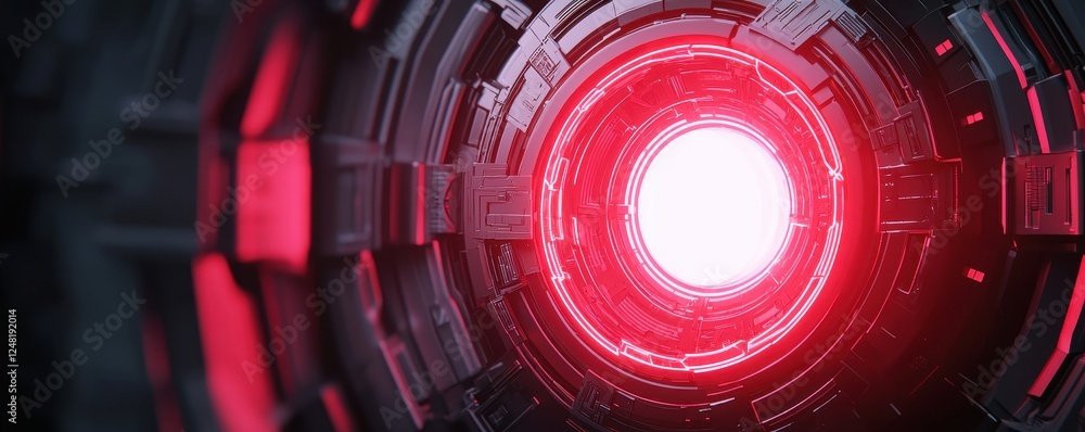 Poster a close-up view of a futuristic, circular device with a glowing red core, suggesting advanced techno