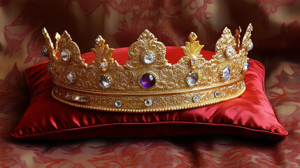 Gold royal crown for king and queen on red pillow. Vector realistic luxury golden corona with gems, medieval diadem for prince, princess or emperor on cushion isolated on transparent background