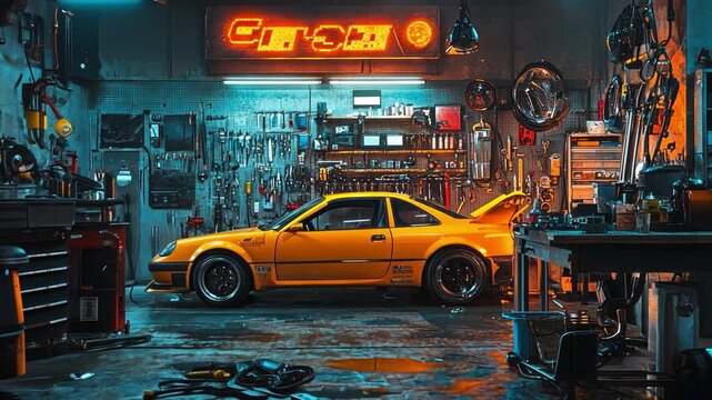 This video features a yellow sports car in an organized garage. Surrounded by tools, it symbolizes car culture and craftsmanship. Perfect for automotive enthusiasts. Generative AI