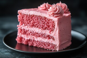 A close-up of a decadent slice of pink cake layered with creamy frosting sitting on a sleek black plate tempting every sweet tooth