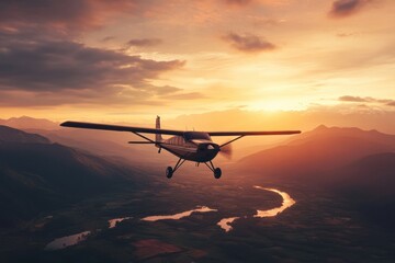 Soaring through vibrant sunsets above tranquil valleys and winding rivers in a small aircraft