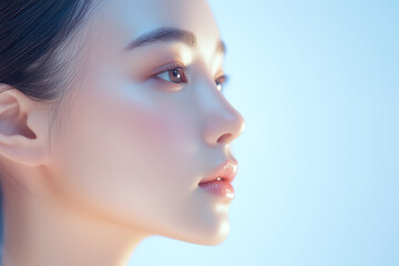 若い綺麗なアジア人女性モデルの横顔。健康的な美しさにフォーカスした美容ポートレート。水色の爽やかな背景。