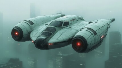 Obraz premium Futuristic Spaceship Hovering Over Foggy Cityscape 