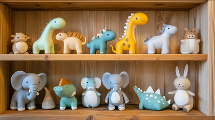 Toy shelf for baby store cartoon game illustration. Wood shop rack element for kindergarten or store design with elephant, dinosaur, horse and rabbit isolated on background. Showcase display furniture