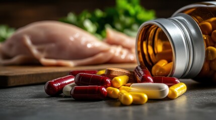 Captivating Closeup of Colorful Supplements Kitchen Counter Macro Photography Natural Light Detail-Focused Vibrant Wellness