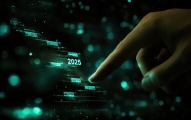 Fototapeta premium Finger interacting with futuristic 2025 digital display 