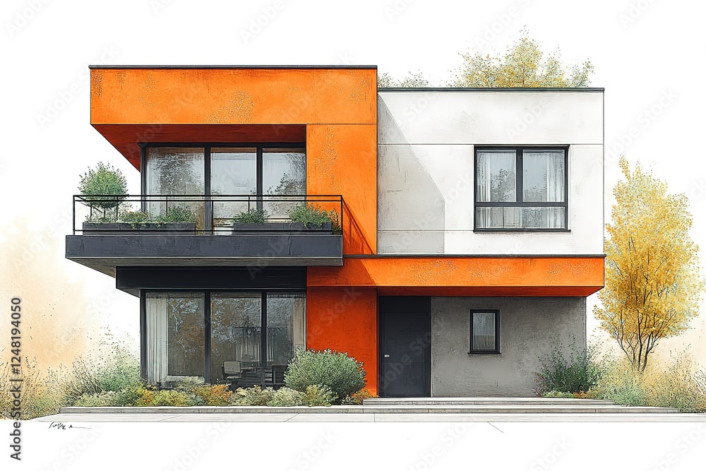 Poster modern architecture showcases an orange and white building with large windows and a balcony blending