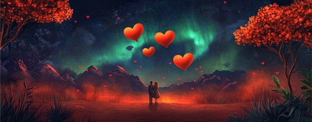 A romantic scene featuring a couple under a starry sky, surrounded by vibrant colors and floating hearts, conveying love and serenity.
