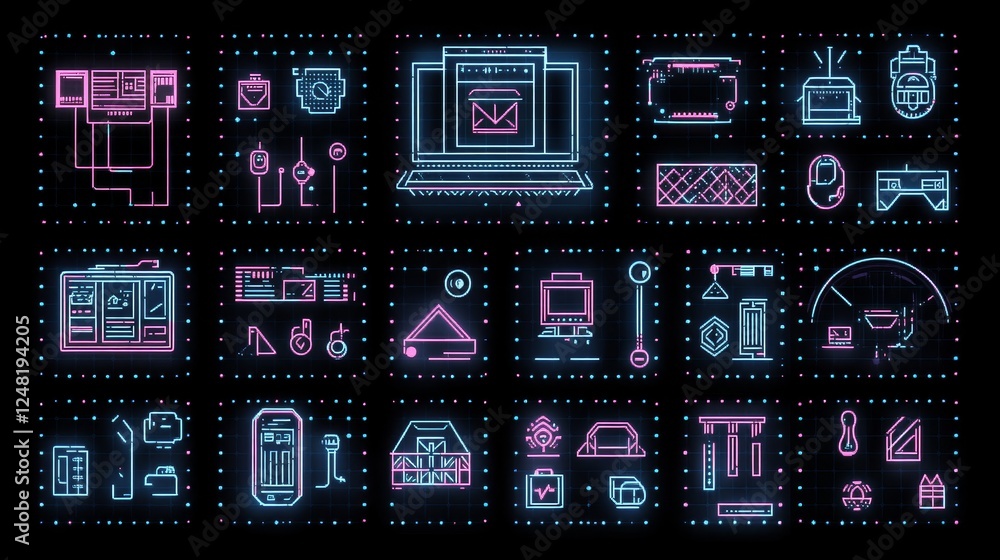 Aufkleber neon glowing ui icons futuristic digital interface set for app design