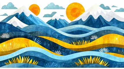 Obraz premium Abstract Blue Mountain Landscape with Golden Sunsets Artistic Panorama