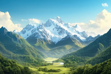 Obraz premium Majestic mountains rise above lush valleys and glistening rivers under a brilliant blue sky in this enchanting landscape