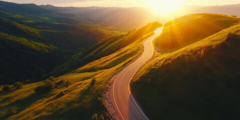 Sunlit Mountain Road Aerial Explore Serpentine Landscapes with Vibrant Textures Adventure Tourism and Discovery Marketing Concept