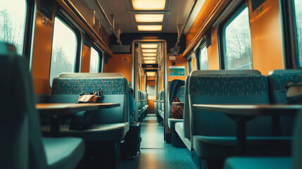 Fototapeta premium Inside train interior with window and chair vector. Passenger seat with table in railway transport cartoon illustration. Public express vehicle wagon indoor aisle and bag luggage journey concept.