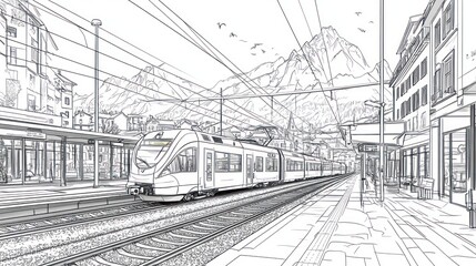 Modern train arriving at mountain town station