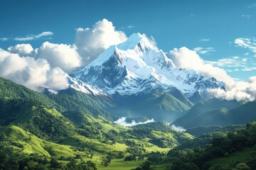 Fototapeta premium Majestic snow-capped mountain rises above lush green valleys under a bright blue sky during a serene day in nature