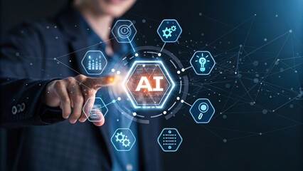 Man in suit touching AI interface with glowing digital icons for machine learning, automation, and data analysis conceptual technology illustration