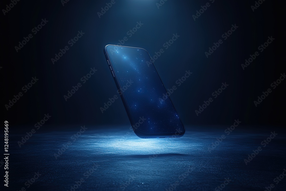 Aufkleber a smartphone with a glowing screen appears to float above a dimly lit surface highlighted by a drama