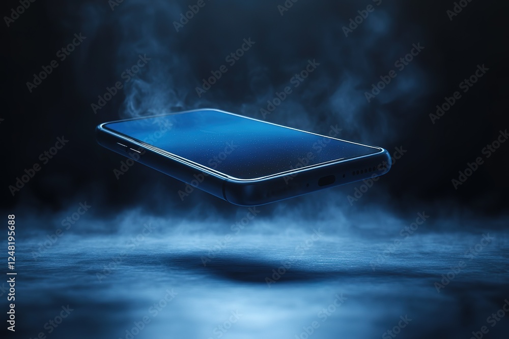 Poster sleek smartphone floats above a misty surface illuminated by a cool blue light creating a futuristic