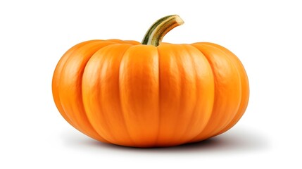 Obraz premium Freshly Harvested Vibrant Orange Pumpkin with Smooth Surface Isolated on Clean White Background for Autumn Thanksgiving or Halloween Designs