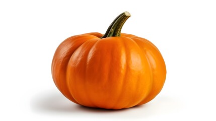 Obraz premium Closeup of a fresh deep orange pumpkin with a smooth unblemished surface isolated on a clean white background The pumpkin looks ripe and ready for autumn or fall harvest seasonal home decor