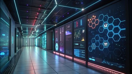 Futuristic server room data center with glowing screens displaying data visualizations and information graphics creating a cutting edge technology background