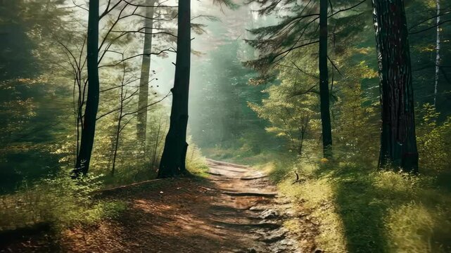Sunlit forest path surrounded by trees, evoking tranquility and exploration outdoors
