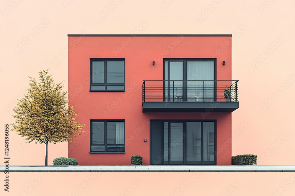 Poster modern apartment building with a salmon facade minimalist design balcony and a tree with yellow leav
