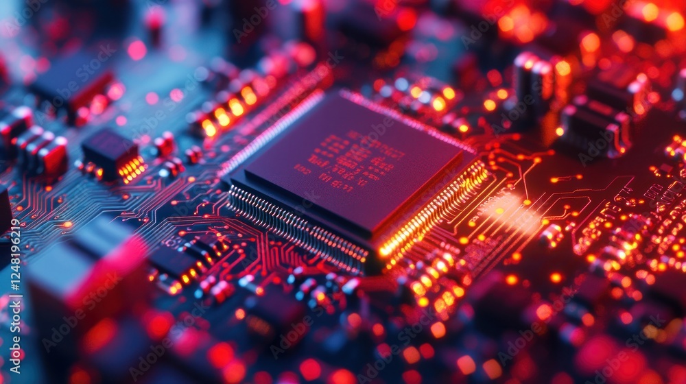 Poster glowing microchips on a circuit board with intricate details, ai generated image