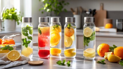 Refreshing Fruit-Infused Water Bottles Modern Kitchen Beverage Photography Bright Atmosphere Close-Up Colorful Hydration