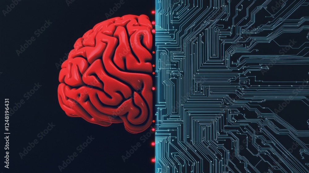 Poster human brain and circuit board fusion concept illustrating technology and artificial intelligence int
