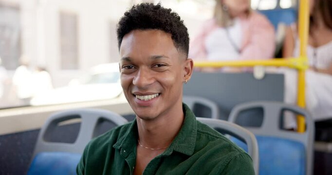 Man, face and happy on bus for travel, public service and transportation in Brazil city. Male person, passenger and smile on journey for morning commute, relax and urban tour on weekend adventure