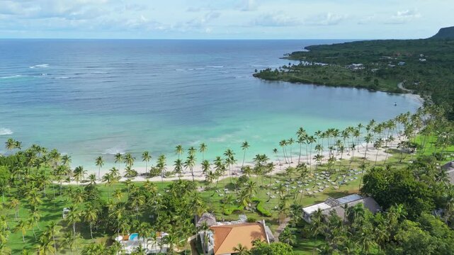 Playa Aserradero beach, Las Galeras in Dominican Republic. Aerial drone panoramic view