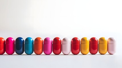 Closeup of a neatly arranged row of multicolored medical capsules tablets and pills on a clean white background  Concept of healthcare medication or natural supplements