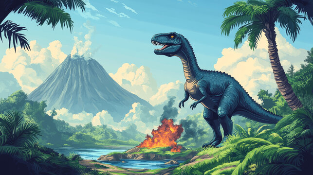 Dinosaur virtual park banners. VR technologies, augmented reality with ancient reptiles. Vector set of website templates with cartoon landscape of jurassic era with dino characters and volcano
