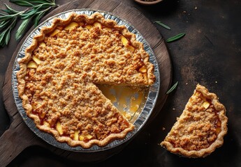Delicious homemade apple pie with crumb topping, freshly baked and served on rustic wooden table, slice missing, garnished with herbs and spices, warm inviting atmosphere