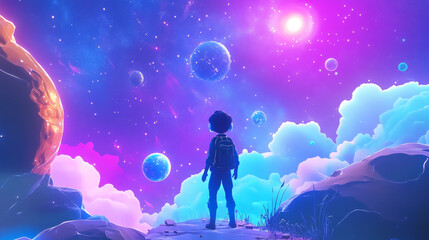 Galaxy travel cartoon landing page with planets