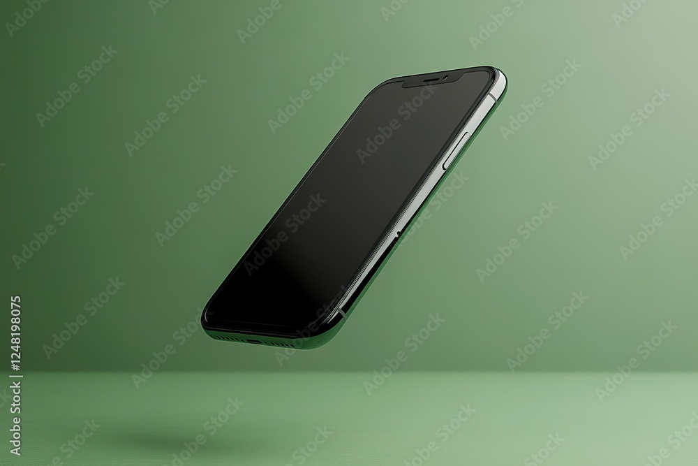 Poster sleek smartphone floating on a green backdrop showcasing modern mobile technology in a minimalist an