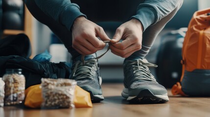 Fototapeta premium Athlete Tying Shoelaces Home Gym Fitness Preparation Indoor Close-Up Pre-Run Routine