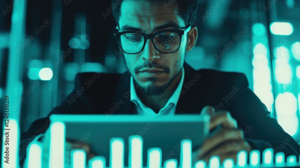 Aufkleber focused businessman analyzing data on tablet in modern office with glowing graphs and charts in back