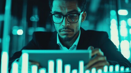 Focused Businessman Analyzing Data on Tablet in Modern Office with Glowing Graphs and Charts in Background