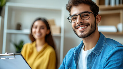 a photograph captures a young couple, smiling warmly. the man, with a glasses, wears a blue shirt over a white t-shirt. the woman, with long dark hair, wears a mustard yellow blouse. a hand in the for