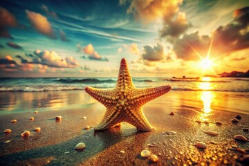 Fototapeta na wymiar Sun-bleached starfish, vintage coastal photo. Retro ocean vibes, nostalgic seashore.