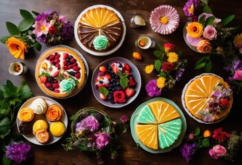 vibrant flat lay colorful desserts featuring rich vivid colors artistic presentation perfect food, cake, pastry, tart, candy, treat, chocolate, frosting